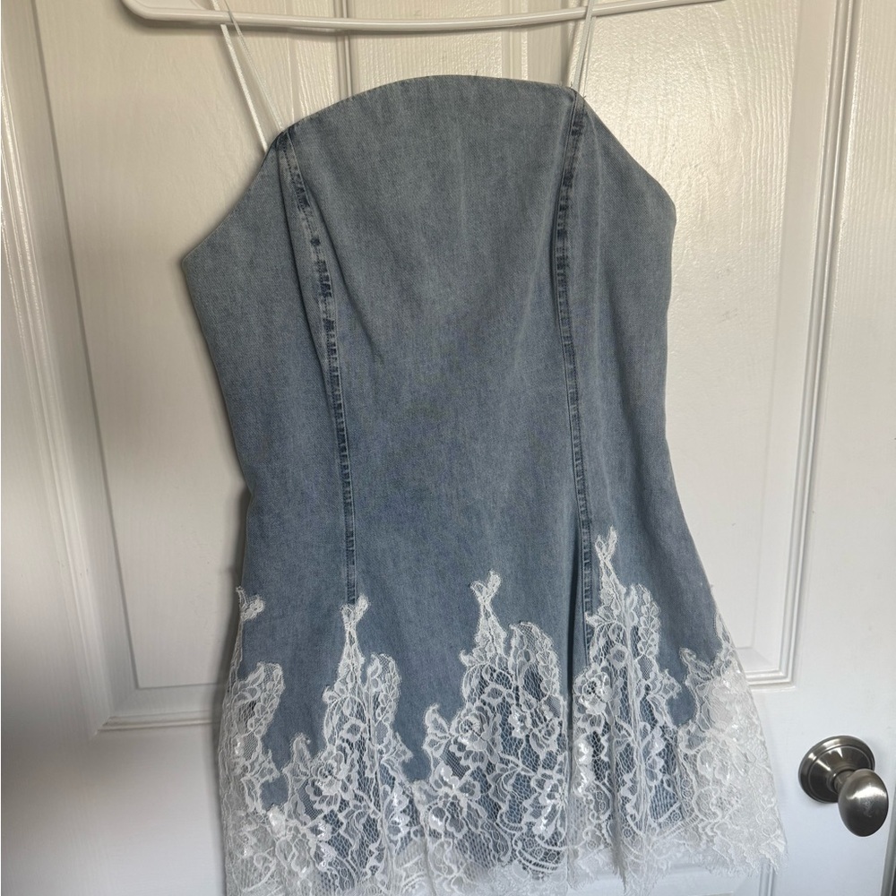 Amanda Uprichard Romilly Blue Denim White Lace Romper Skort BNWT - Picture 11 of 13